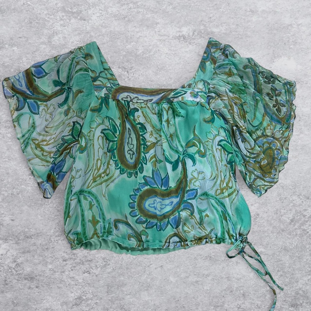 INC International Concepts Green Paisley 100% Silk Flutter Sleeve Blouse 14